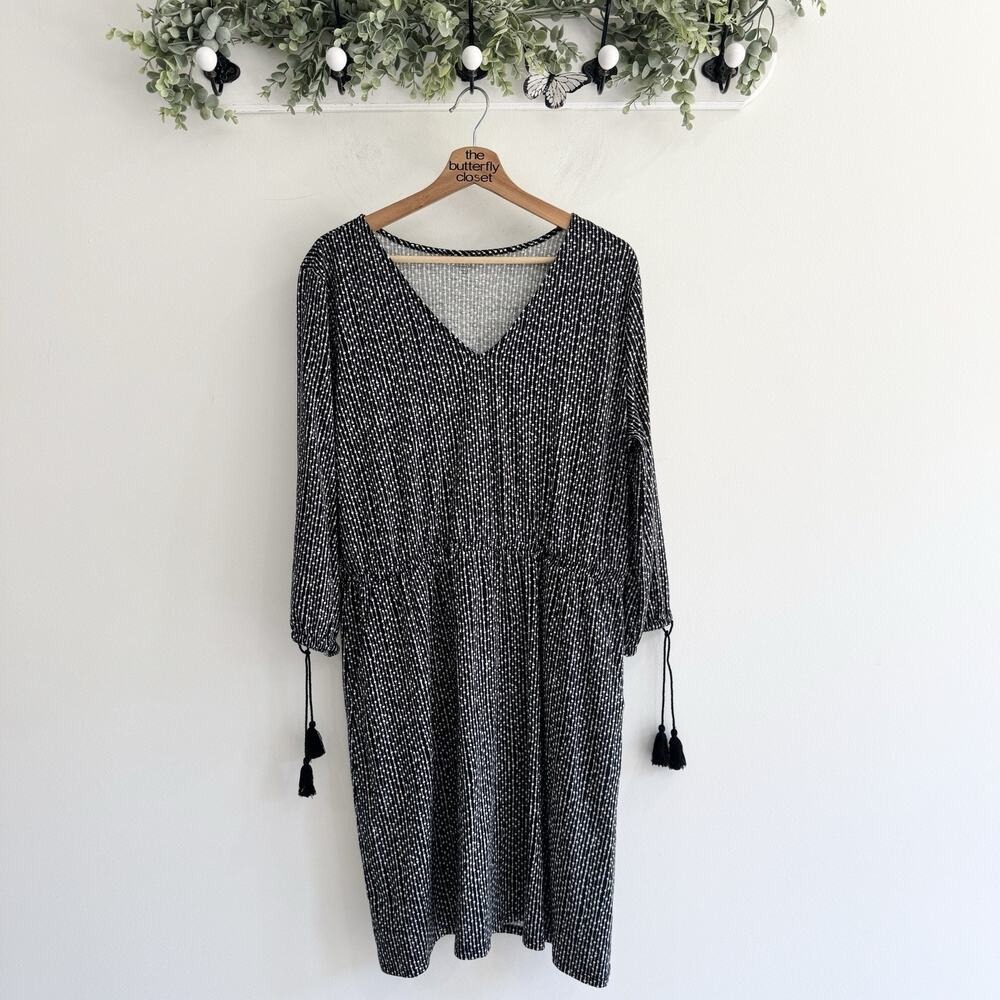Garnet Hill Black White Tasseled Sleeve Lightweight Knit Dress Large 20-3133